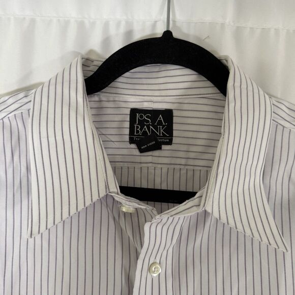 Jos A Banks Traveler's Shirt Mens 17.5 34 White Purple Striped Button Up Long Sl - Picture 5 of 11
